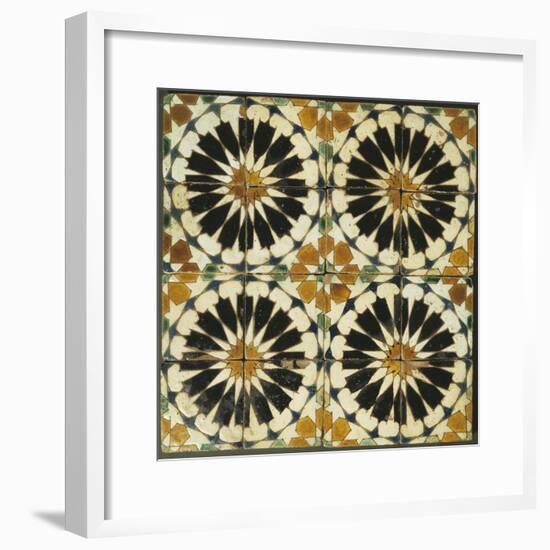 Four Roundels with Oar Shaped Segments with Star on Panel of Sixteen Tiles, 14th Century-null-Framed Giclee Print