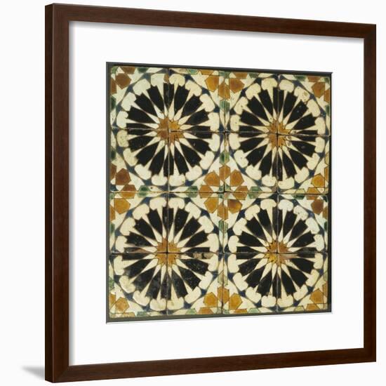 Four Roundels with Oar Shaped Segments with Star on Panel of Sixteen Tiles, 14th Century-null-Framed Giclee Print