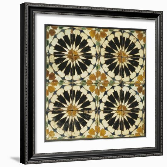 Four Roundels with Oar Shaped Segments with Star on Panel of Sixteen Tiles, 14th Century-null-Framed Giclee Print