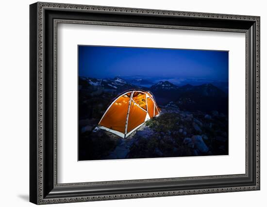 Four Season Tent Set Up with Christmas Lights in Mount Rainier National Park, Washington-Dan Holz-Framed Photographic Print