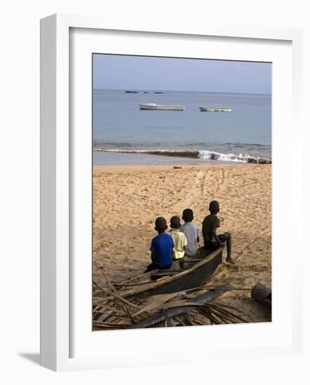 Four Small Boys Look Out to Sea from Where They Sit on Bamboo Fishing Boat on Island of Princip�-Camilla Watson-Framed Photographic Print