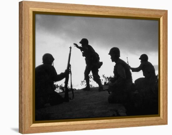 Four Soldiers with Helmets and Rifles Moving on Crest of Ridge, Patroling at Night-Michael Rougier-Framed Premier Image Canvas