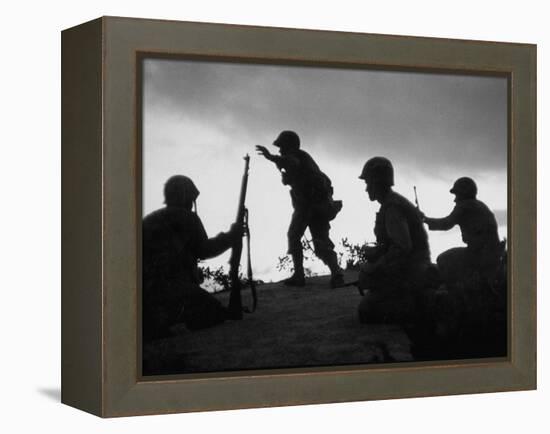 Four Soldiers with Helmets and Rifles Moving on Crest of Ridge, Patroling at Night-Michael Rougier-Framed Premier Image Canvas