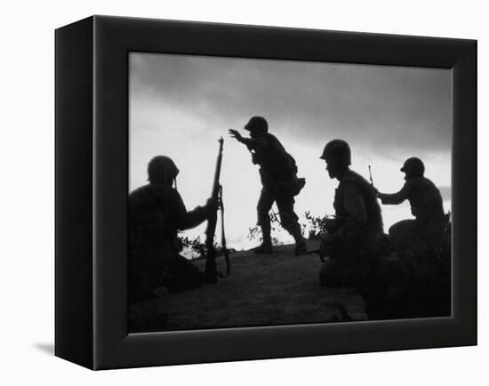 Four Soldiers with Helmets and Rifles Moving on Crest of Ridge, Patroling at Night-Michael Rougier-Framed Premier Image Canvas