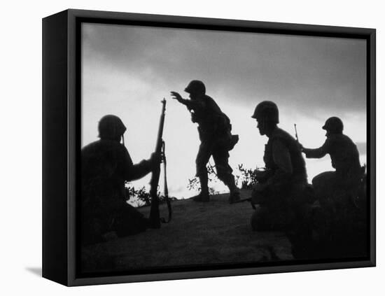 Four Soldiers with Helmets and Rifles Moving on Crest of Ridge, Patroling at Night-Michael Rougier-Framed Premier Image Canvas