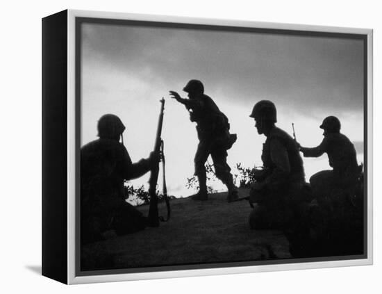 Four Soldiers with Helmets and Rifles Moving on Crest of Ridge, Patroling at Night-Michael Rougier-Framed Premier Image Canvas