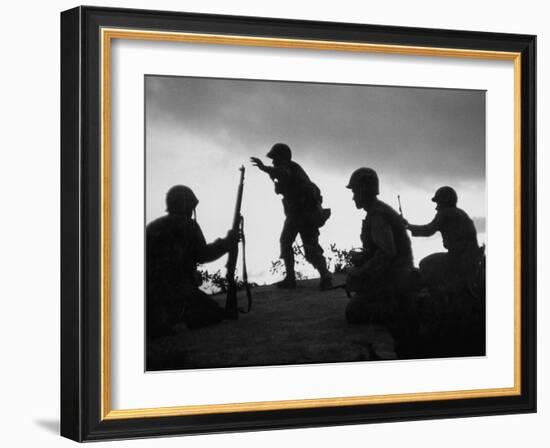 Four Soldiers with Helmets and Rifles Moving on Crest of Ridge, Patroling at Night-Michael Rougier-Framed Photographic Print