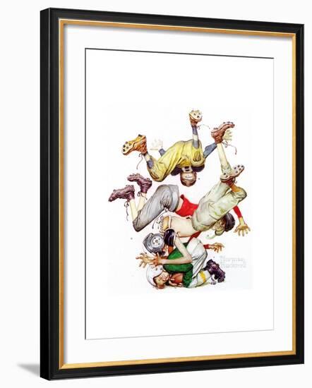 Four Sporting Boys: Football-Norman Rockwell-Framed Giclee Print