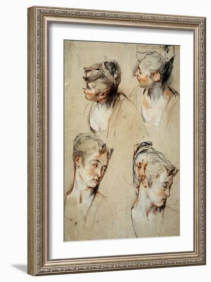 'Four Studies of a Young Woman's Head', 1716-1717-Jean Antoine Watteau-Framed Giclee Print