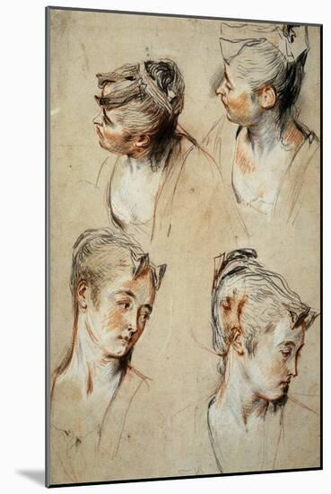 'Four Studies of a Young Woman's Head', 1716-1717-Jean Antoine Watteau-Mounted Giclee Print