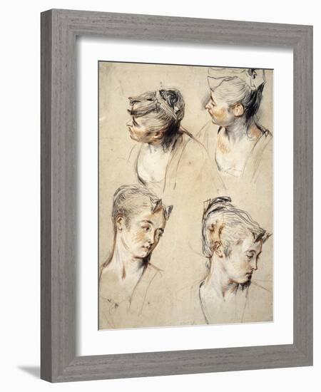 Four Studies of a Young Woman's Head-Antoine Watteau-Framed Art Print