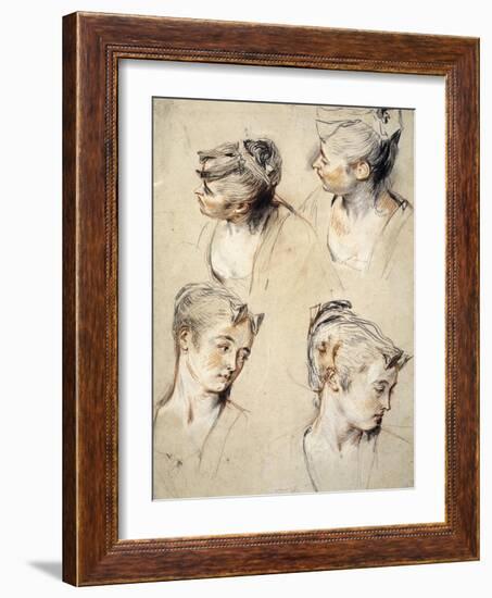 Four Studies of a Young Woman's Head-Antoine Watteau-Framed Art Print