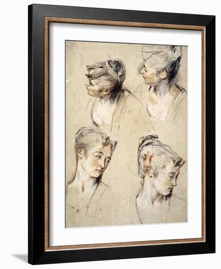 Four Studies of a Young Woman's Head-Antoine Watteau-Framed Art Print