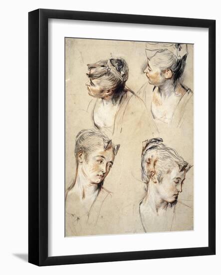 Four Studies of a Young Woman's Head-Antoine Watteau-Framed Art Print