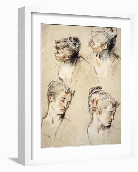 Four Studies of a Young Woman's Head-Antoine Watteau-Framed Art Print