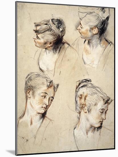 Four Studies of a Young Woman's Head-Antoine Watteau-Mounted Art Print