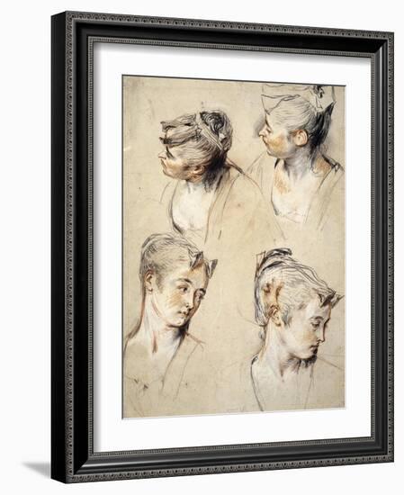 Four Studies of a Young Woman's Head-Antoine Watteau-Framed Art Print