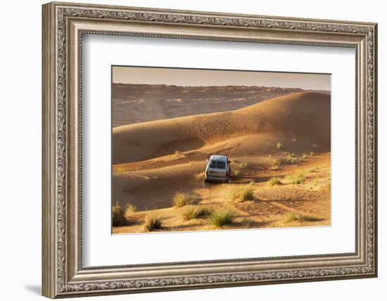 Four Wheel Drive on Desert Dunes, Wahiba, Oman, Middle East-Angelo Cavalli-Framed Photographic Print