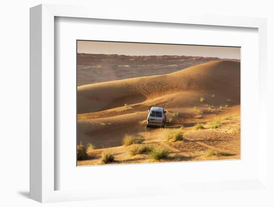 Four Wheel Drive on Desert Dunes, Wahiba, Oman, Middle East-Angelo Cavalli-Framed Photographic Print