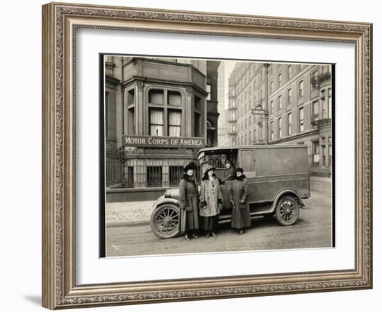 Four Women of the Motor Corps of America Standing in Front of an Ambulance (One Woman in Driver's…-Byron Company-Framed Giclee Print