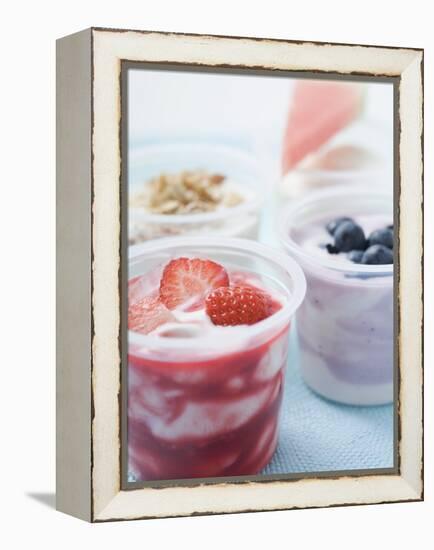 Four Yoghurts with Berries, Cereal and Watermelon-null-Framed Premier Image Canvas