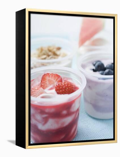 Four Yoghurts with Berries, Cereal and Watermelon-null-Framed Premier Image Canvas