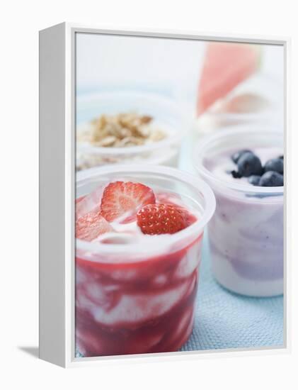 Four Yoghurts with Berries, Cereal and Watermelon-null-Framed Premier Image Canvas