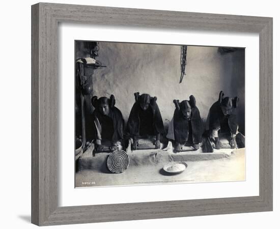 Four Young Hopi Indian Women Grinding Grain, 1906-Edward Curtis-Framed Art Print