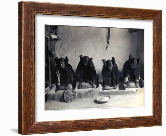 Four Young Hopi Indian Women Grinding Grain, 1906-Edward Curtis-Framed Art Print