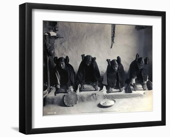 Four Young Hopi Indian Women Grinding Grain, 1906-Edward Curtis-Framed Art Print
