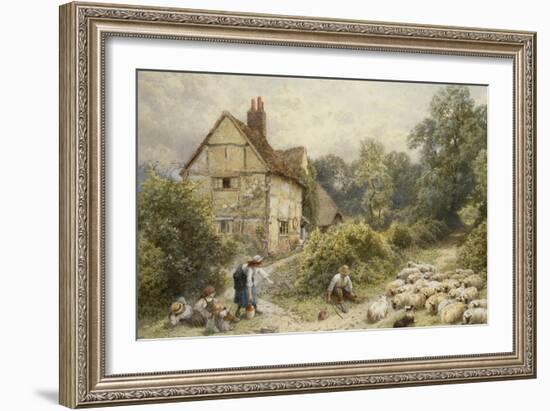 Fowl House Farm, Witley, with Children, a Shepherd and a Flock of Sheep Nearby-Myles Birket Foster-Framed Giclee Print