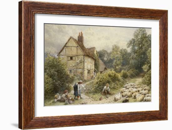 Fowl House Farm, Witley, with Children, a Shepherd and a Flock of Sheep Nearby-Myles Birket Foster-Framed Giclee Print