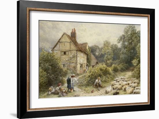 Fowl House Farm, Witley, with Children, a Shepherd and a Flock of Sheep Nearby-Myles Birket Foster-Framed Giclee Print