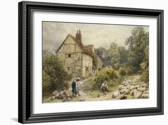 Fowl House Farm, Witley, with Children, a Shepherd and a Flock of Sheep Nearby-Myles Birket Foster-Framed Giclee Print