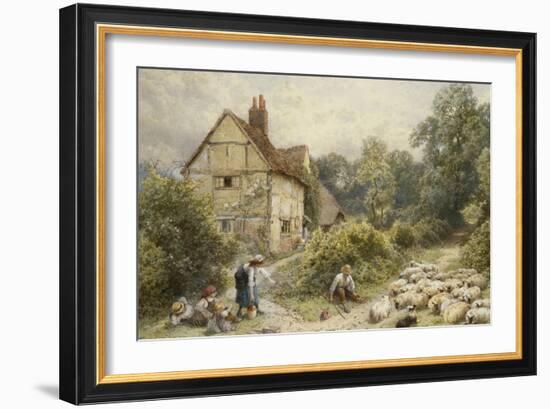 Fowl House Farm, Witley, with Children, a Shepherd and a Flock of Sheep Nearby-Myles Birket Foster-Framed Giclee Print