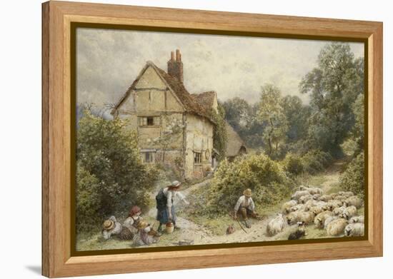 Fowl House Farm, Witley, with Children, a Shepherd and a Flock of Sheep Nearby-Myles Birket Foster-Framed Premier Image Canvas