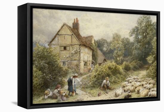 Fowl House Farm, Witley, with Children, a Shepherd and a Flock of Sheep Nearby-Myles Birket Foster-Framed Premier Image Canvas