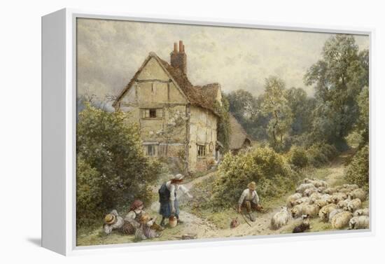 Fowl House Farm, Witley, with Children, a Shepherd and a Flock of Sheep Nearby-Myles Birket Foster-Framed Premier Image Canvas