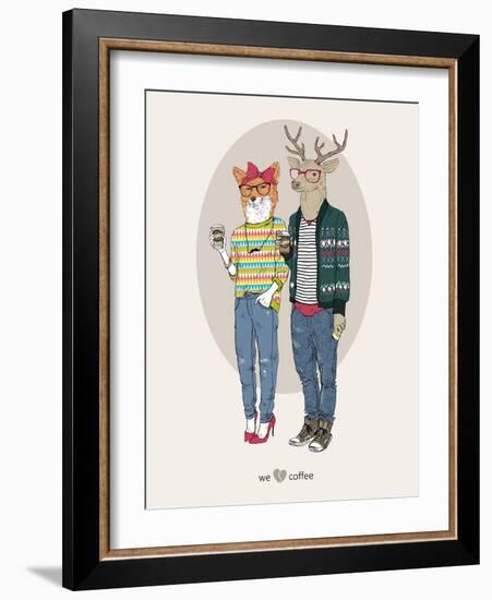 Fox Girl and Deer Boy Hipsters-Olga Angellos-Framed Art Print