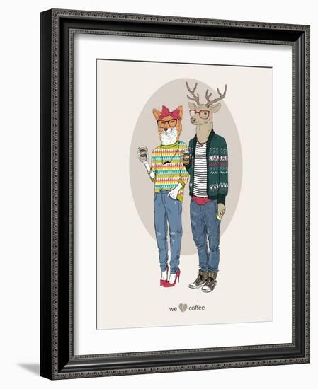 Fox Girl and Deer Boy Hipsters-Olga Angellos-Framed Art Print