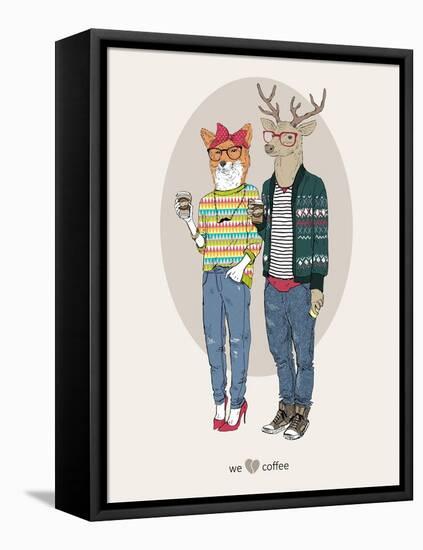 Fox Girl and Deer Boy Hipsters-Olga Angellos-Framed Stretched Canvas