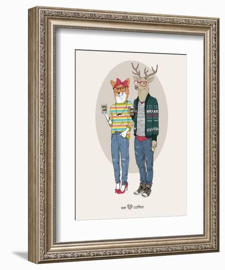 Fox Girl and Deer Boy Hipsters-Olga Angellos-Framed Art Print