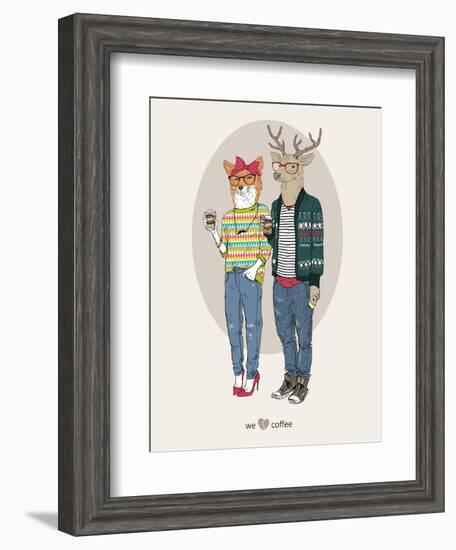 Fox Girl and Deer Boy Hipsters-Olga Angellos-Framed Art Print