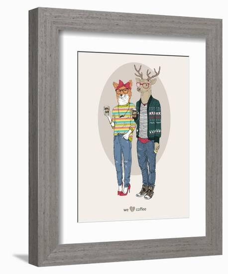 Fox Girl and Deer Boy Hipsters-Olga Angellos-Framed Art Print