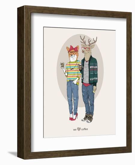 Fox Girl and Deer Boy Hipsters-Olga Angellos-Framed Art Print