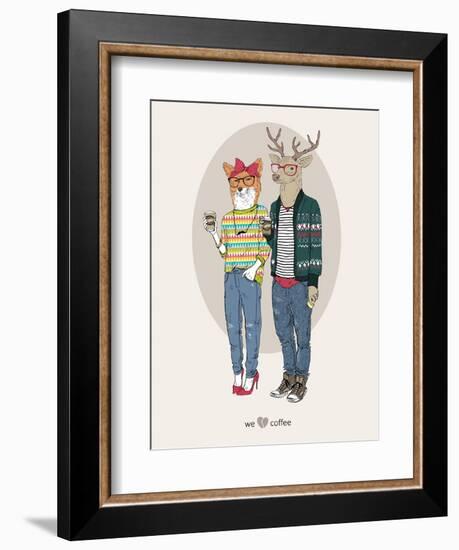 Fox Girl and Deer Boy Hipsters-Olga Angellos-Framed Art Print