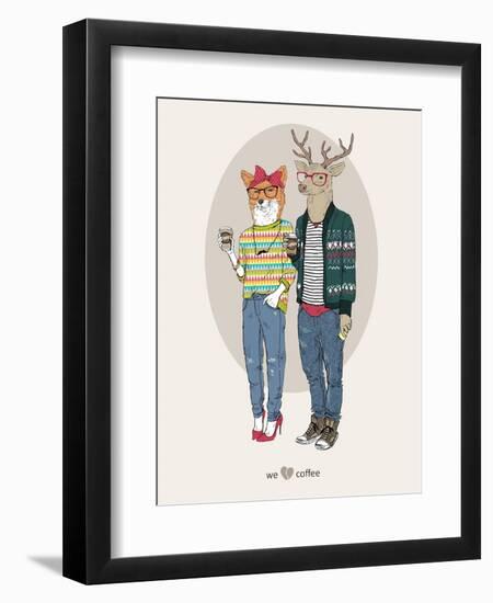 Fox Girl and Deer Boy Hipsters-Olga Angellos-Framed Art Print