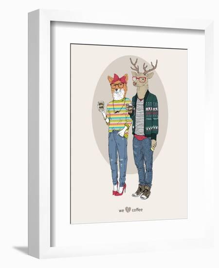 Fox Girl and Deer Boy Hipsters-Olga Angellos-Framed Art Print