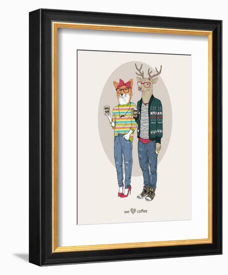 Fox Girl and Deer Boy Hipsters-Olga Angellos-Framed Art Print