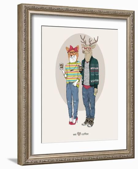 Fox Girl and Deer Boy Hipsters-Olga Angellos-Framed Art Print